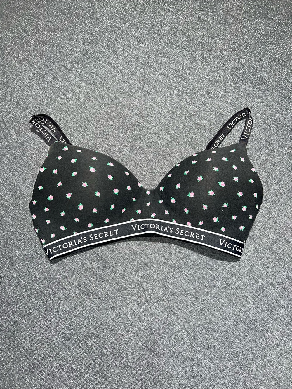 Victoria's Secret Black Floral Wireless Comfort Bra with Pink & Green Accents